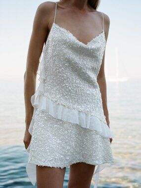 Zara White Sequined Ruffle Mini Dress